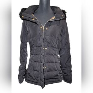 Calvin Klein Women's Black Puffer Feather Down Faux Fur Lined Hooded Winter Coat